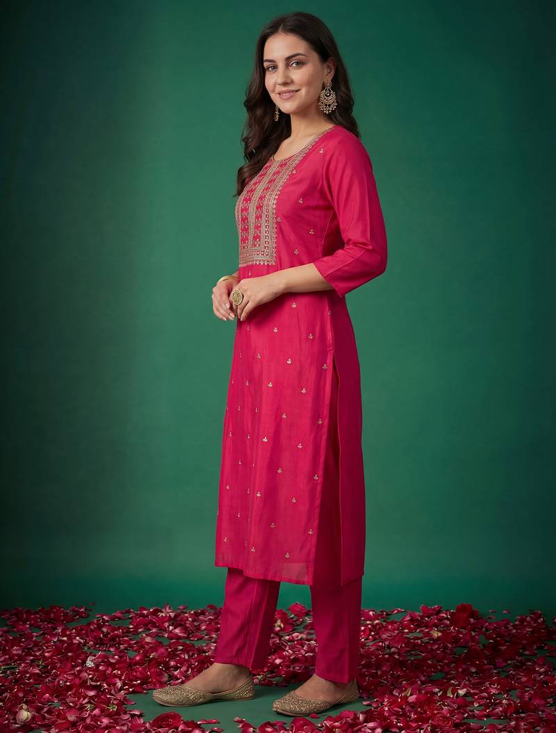 Pink printed silk kurta trouser set