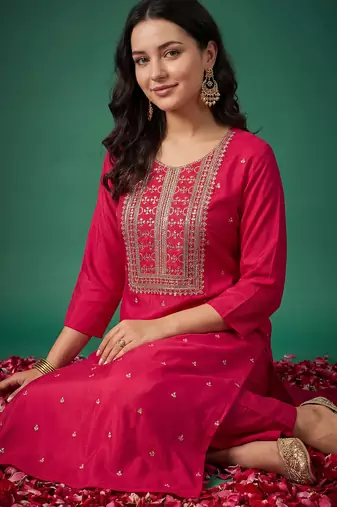 Pink printed silk kurta trouser set