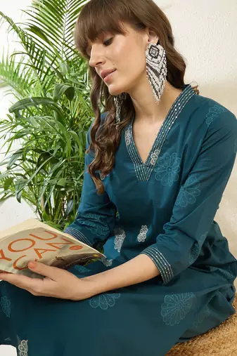 Teal printed cotton kurta trouser set