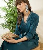 Teal printed cotton kurta trouser set