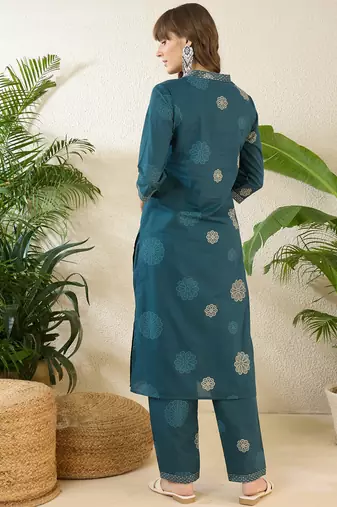 Teal printed cotton kurta trouser set