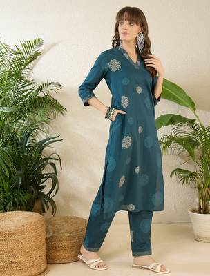 Teal printed cotton kurta trouser set 3