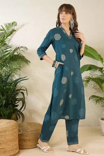 Teal printed cotton kurta trouser set