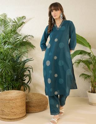 Teal printed cotton kurta trouser set 4