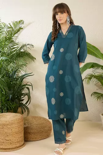 Teal printed cotton kurta trouser set