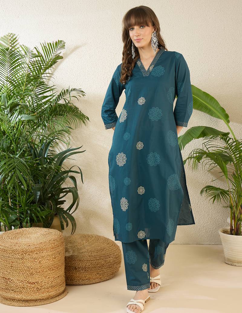 Teal printed cotton kurta trouser set