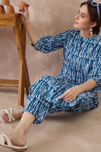 Blue printed cotton kurta trouser set