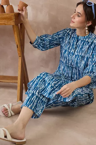Blue printed cotton kurta trouser set