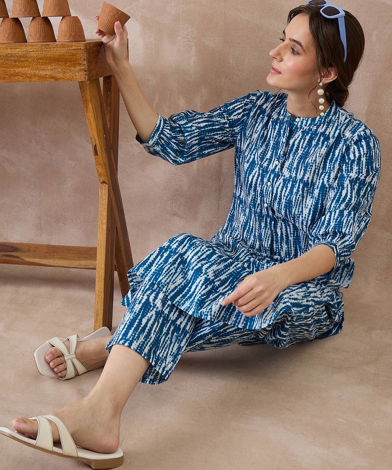 Blue printed cotton kurta trouser set