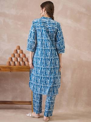Blue printed cotton kurta trouser set 2