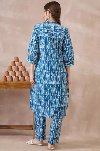 Blue printed cotton kurta trouser set