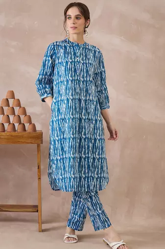 Blue printed cotton kurta trouser set