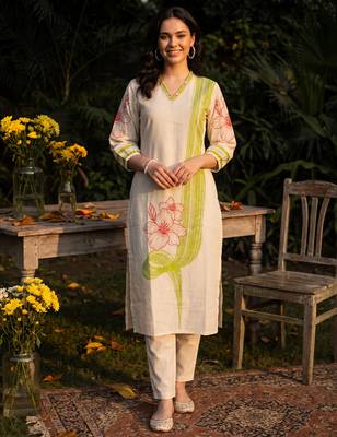 White printed cotton kurta trouser set 1