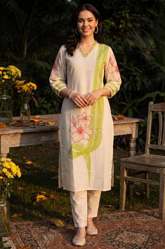 White printed cotton kurta trouser set