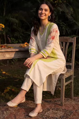 White printed cotton kurta trouser set