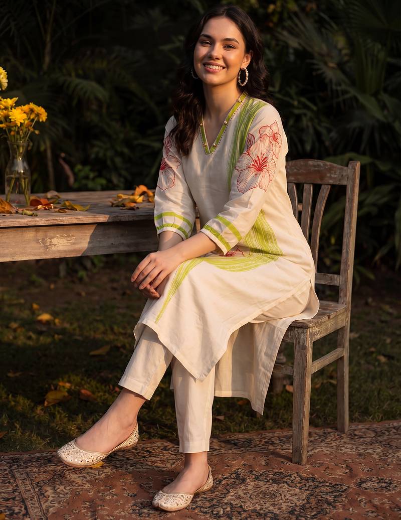 White printed cotton kurta trouser set