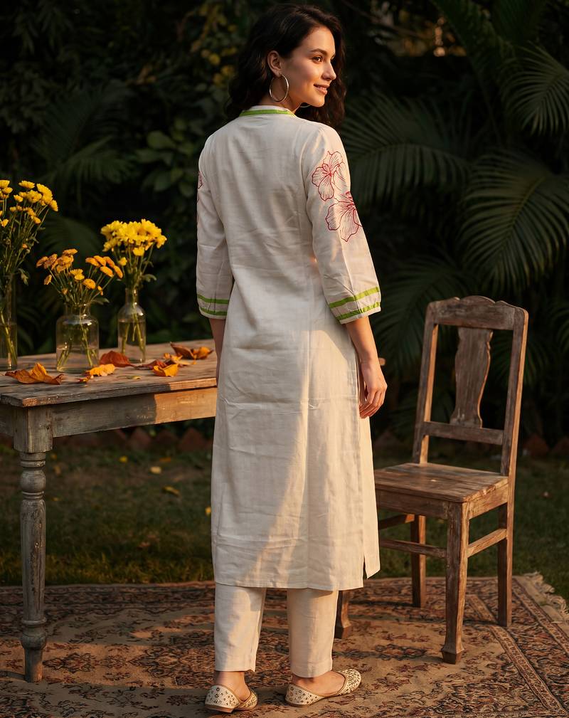 White printed cotton kurta trouser set