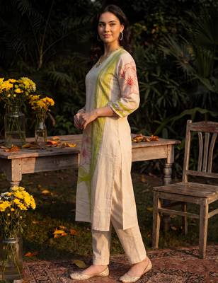 White printed cotton kurta trouser set 4