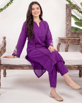 Purple printed silk kurta trouser set 1