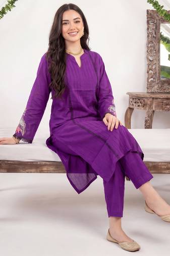 Purple printed silk kurta trouser set