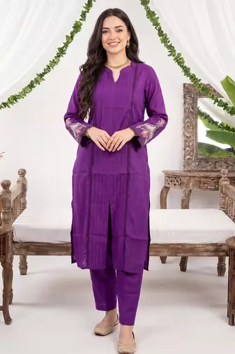 Purple printed silk kurta trouser set