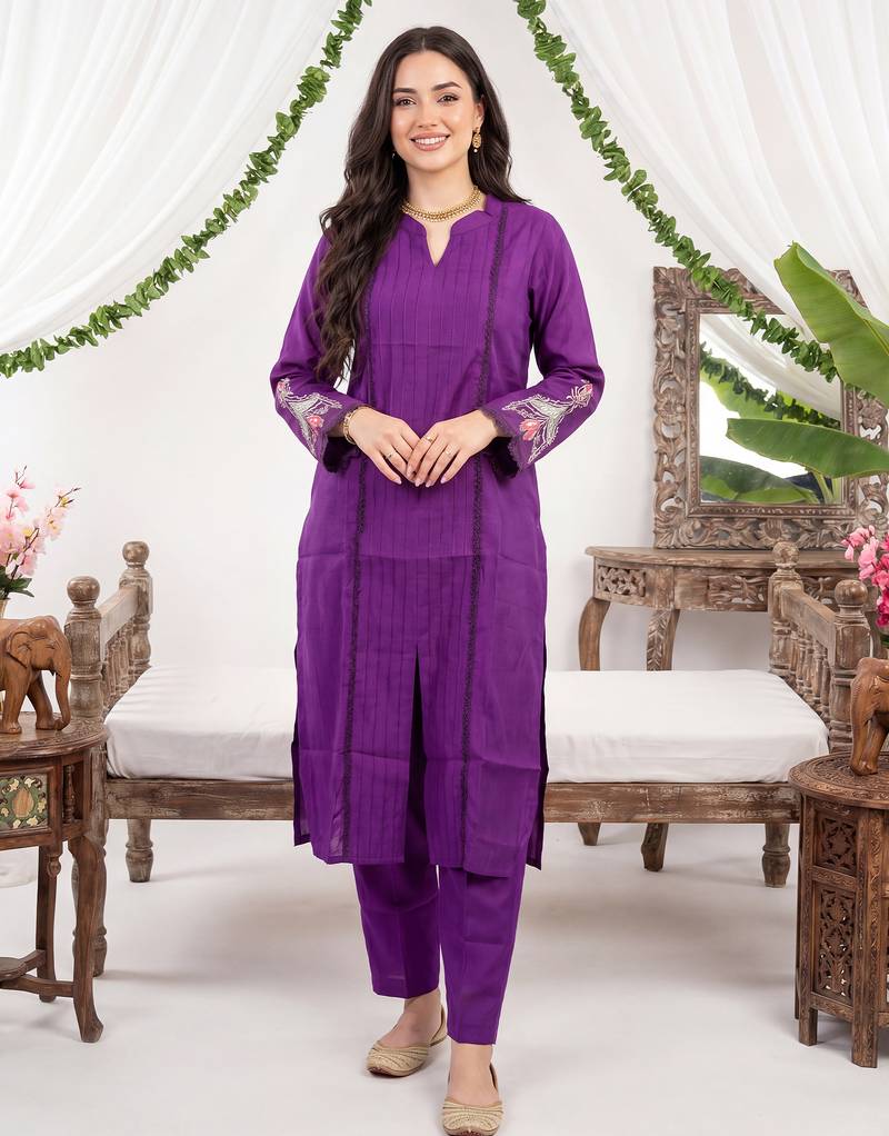 Purple printed silk kurta trouser set