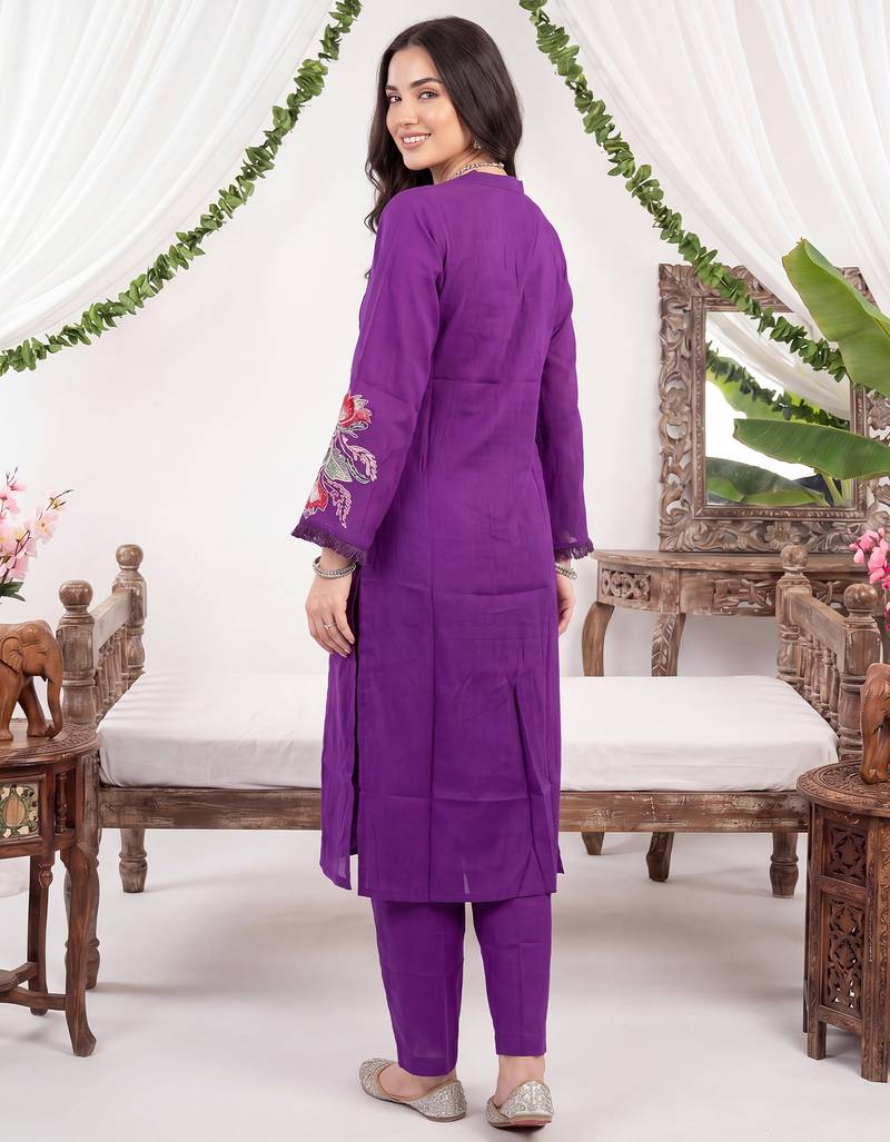 Purple printed silk kurta trouser set