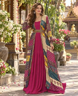 Magenta georgette readymade shrug suit with embroidery work 1