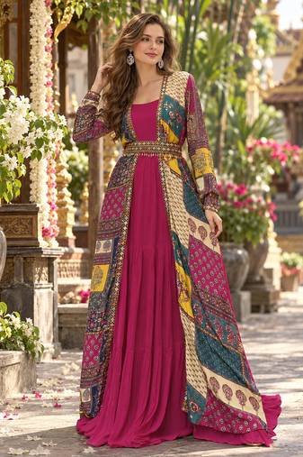 Magenta georgette readymade shrug suit with embroidery work