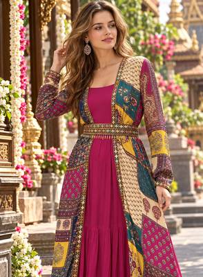 Magenta georgette readymade shrug suit with embroidery work 2