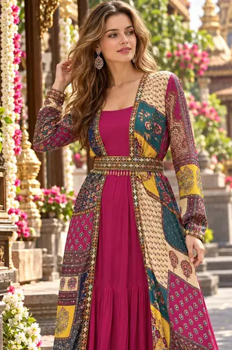 Magenta georgette readymade shrug suit with embroidery work