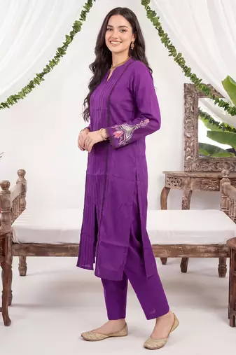 Purple printed silk kurta trouser set