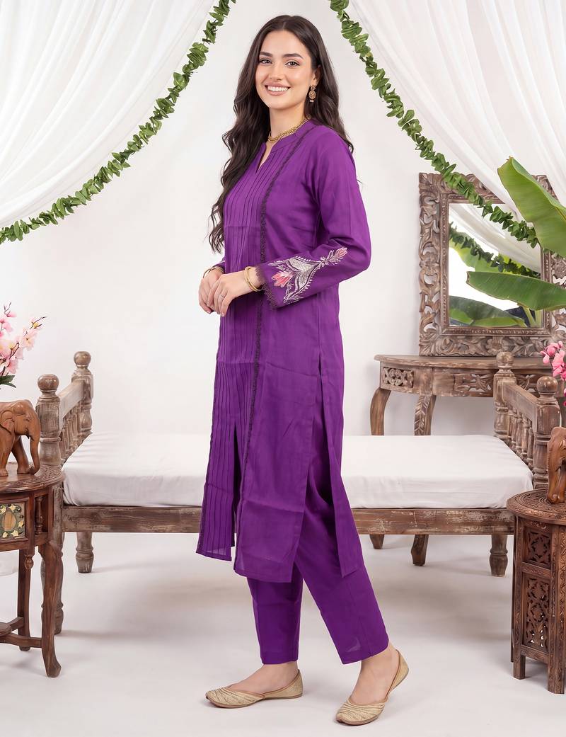 Purple printed silk kurta trouser set