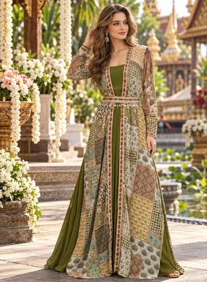 Olive georgette readymade shrug anarkali with embroidery work 1