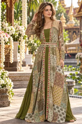 Olive georgette readymade shrug anarkali with embroidery work