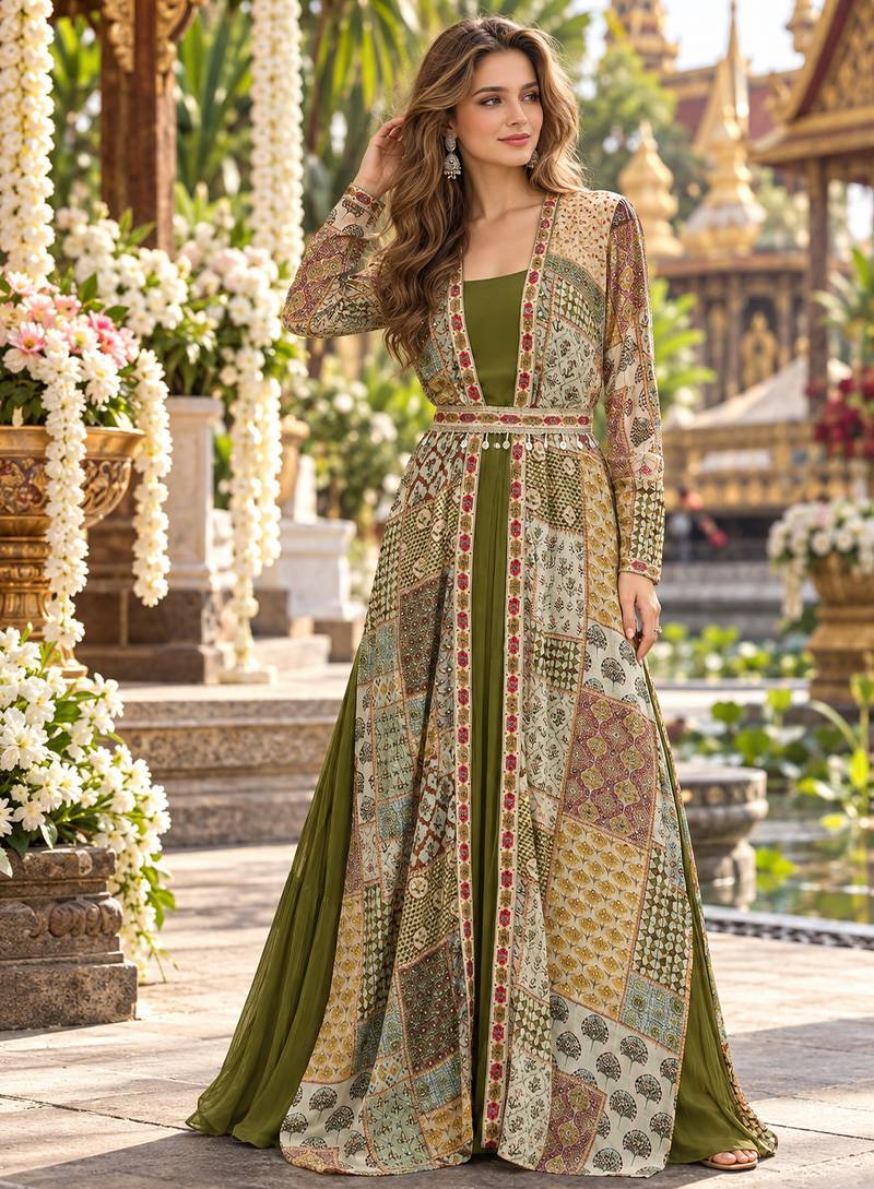 Olive georgette readymade shrug anarkali with embroidery work