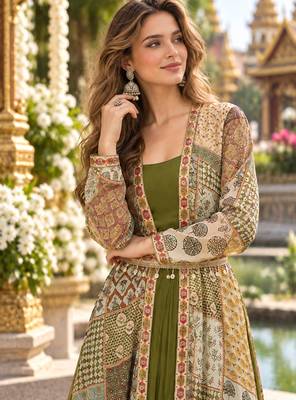 Olive georgette readymade shrug anarkali with embroidery work 2