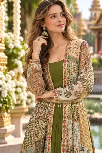 Olive georgette readymade shrug anarkali with embroidery work