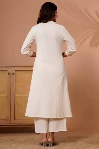 Off white printed cotton kurta trouser set