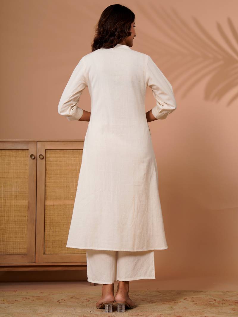 Off white printed cotton kurta trouser set