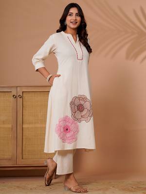Off white printed cotton kurta trouser set 1