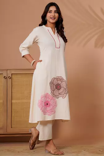 Off white printed cotton kurta trouser set