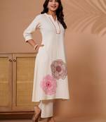 Off white printed cotton kurta trouser set