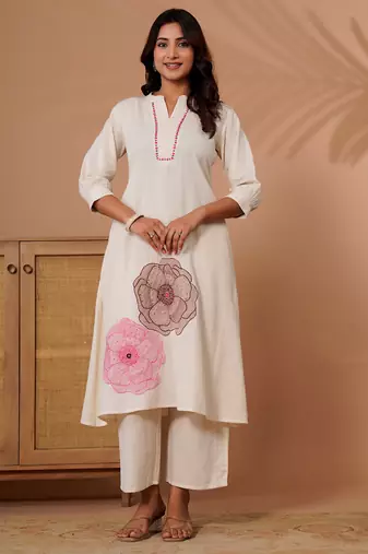 Off white printed cotton kurta trouser set