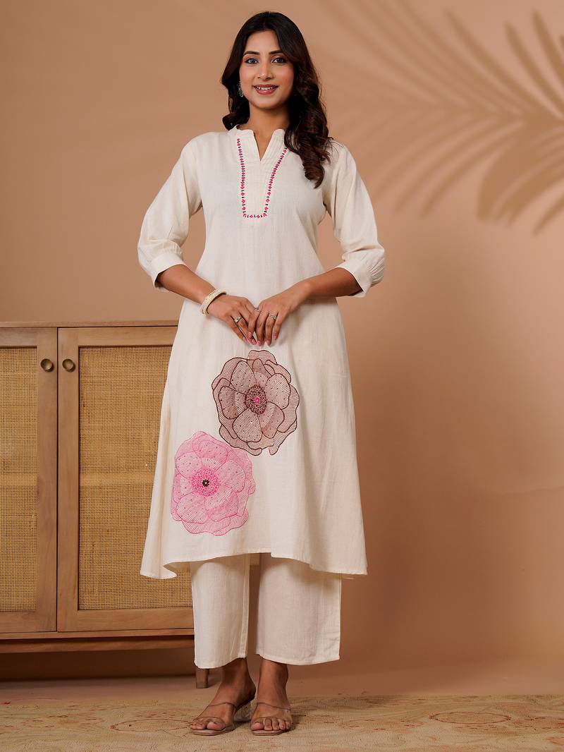 Off white printed cotton kurta trouser set