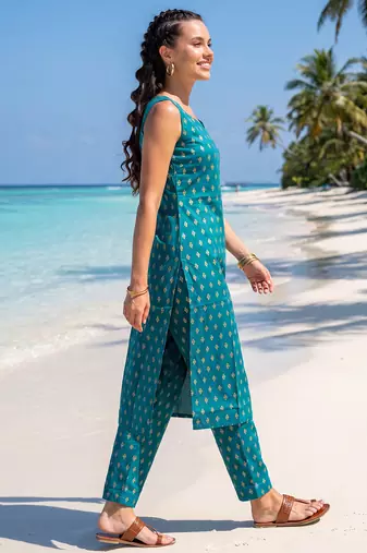 Blue printed cotton kurta trouser set
