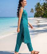 Blue printed cotton kurta trouser set