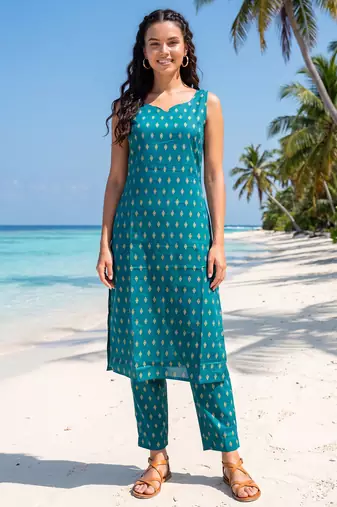 Blue printed cotton kurta trouser set