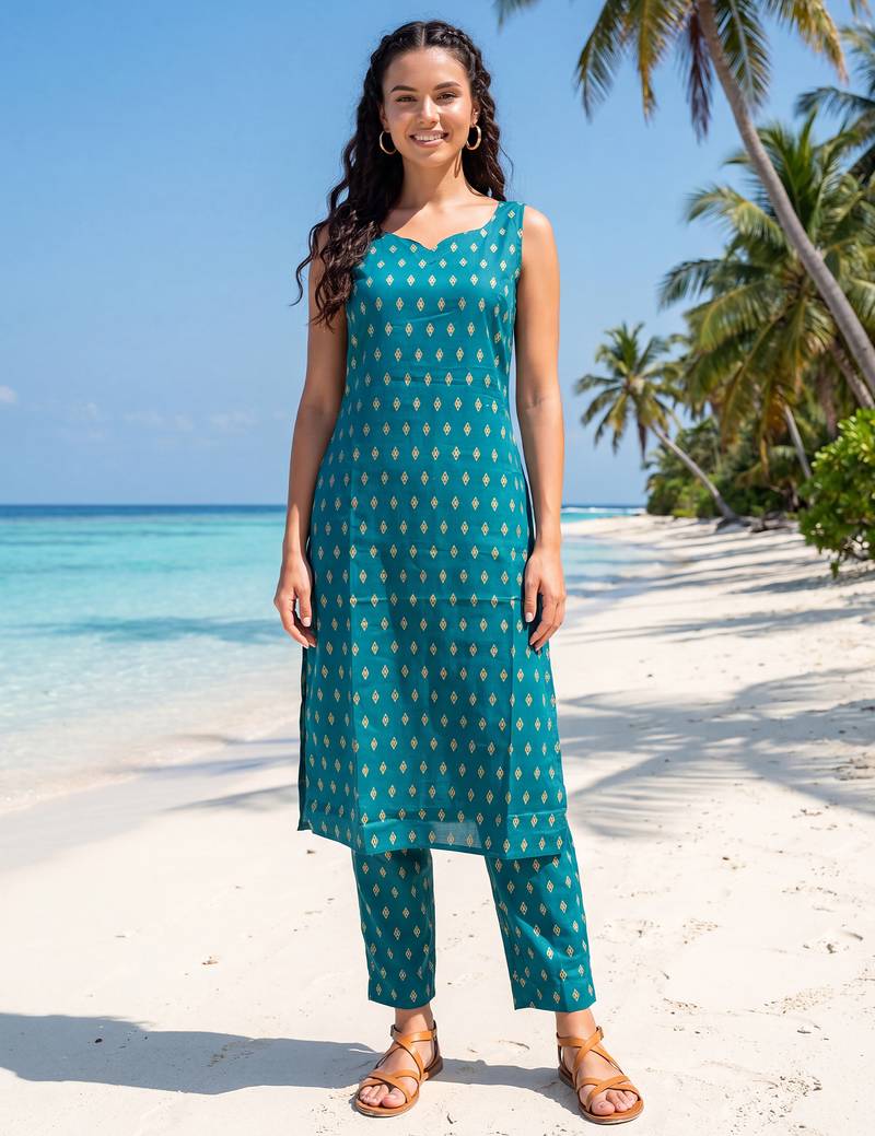 Blue printed cotton kurta trouser set