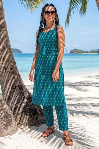 Blue printed cotton kurta trouser set